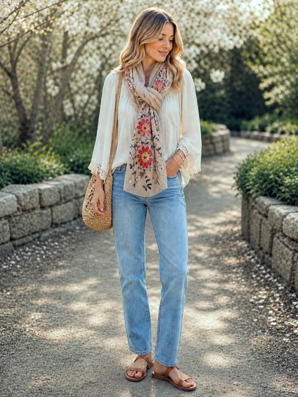 RiscaWin Oversized Beige Floral Embroidered Scarf Shawl Wrap Boho 36x70 - Picture 2 of 11